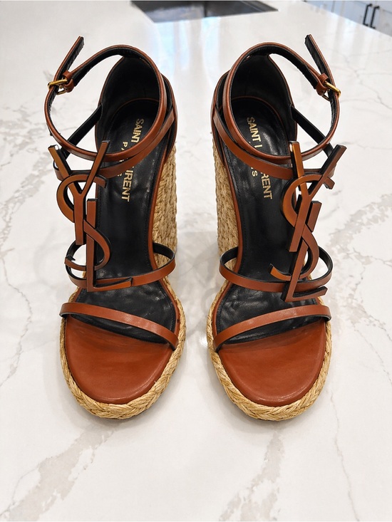 Saint Laurent Shoes - Yves Saint Laurent!
Tan Leather Logo Wedge Espadrille Sandals